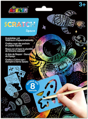 Avenir scratch art - ruimte - 17x23x0,5cm - met 8 sjablonen - 3 jaar
