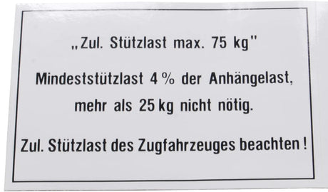 Bünte stützlastschild anhänger load plate 75 kg 105x74 mm