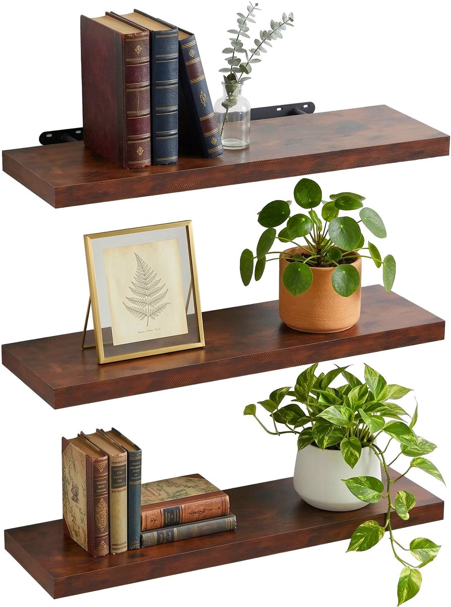 Merkloos sans marque wandplank zwevend - set van 3 - 80 cm - industrieel - bruin-zwart