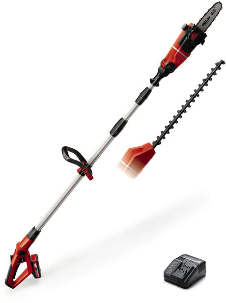 Einhell accu tuin-multitool ge-hc 18 li t kit - power x-change - 18 v 3.0 ah li-ion - zwaardlengte kettingzaag: 200 mm - bladlengte heggenschaar: 450 mm - tandafstand: 16 mm - incl. 1x 3.0 ah accu en lader