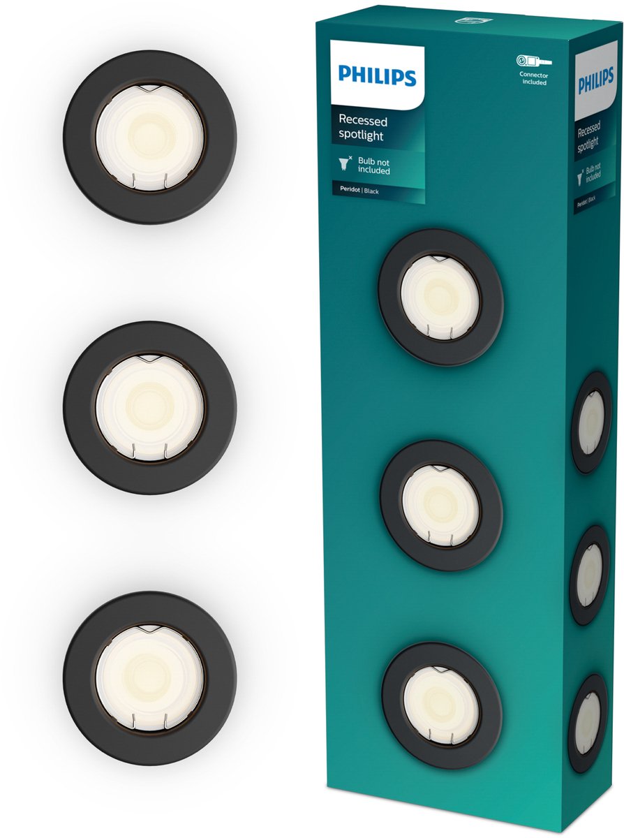 Philips led philips peridot inbouwspot - gu10 fitting - zwart - rond - vaste kop - 3-pack