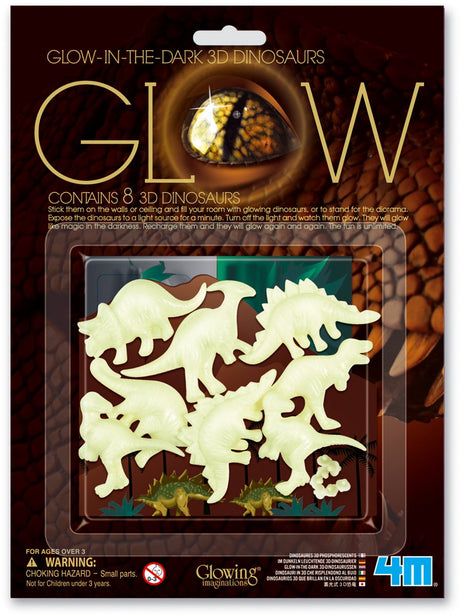 4m glow in the dark stickers - 3d dino - 8 dinosaurussen - muurdecoratie kids - 3 jaar