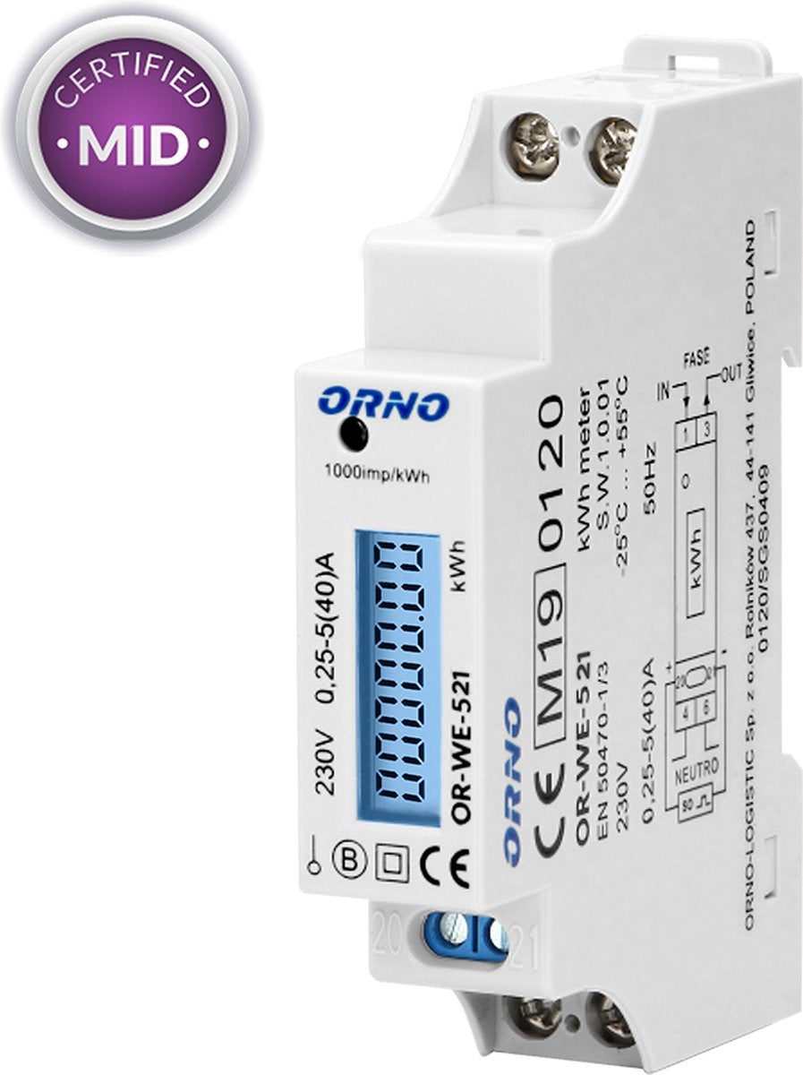 Orno 1 fase kwh meter - digitale lcd scherm - mid gecertificeerd