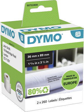 Dymo etiketten labelwriter ft 89 x 36 mm, wit (2x 260 stuks)