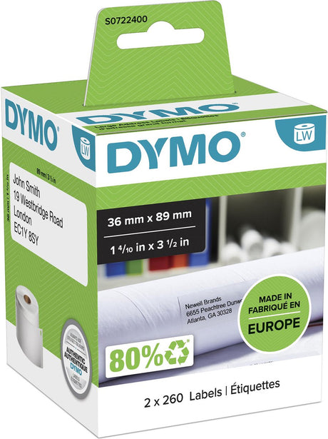 Dymo etiketten labelwriter ft 89 x 36 mm, wit (2x 260 stuks)