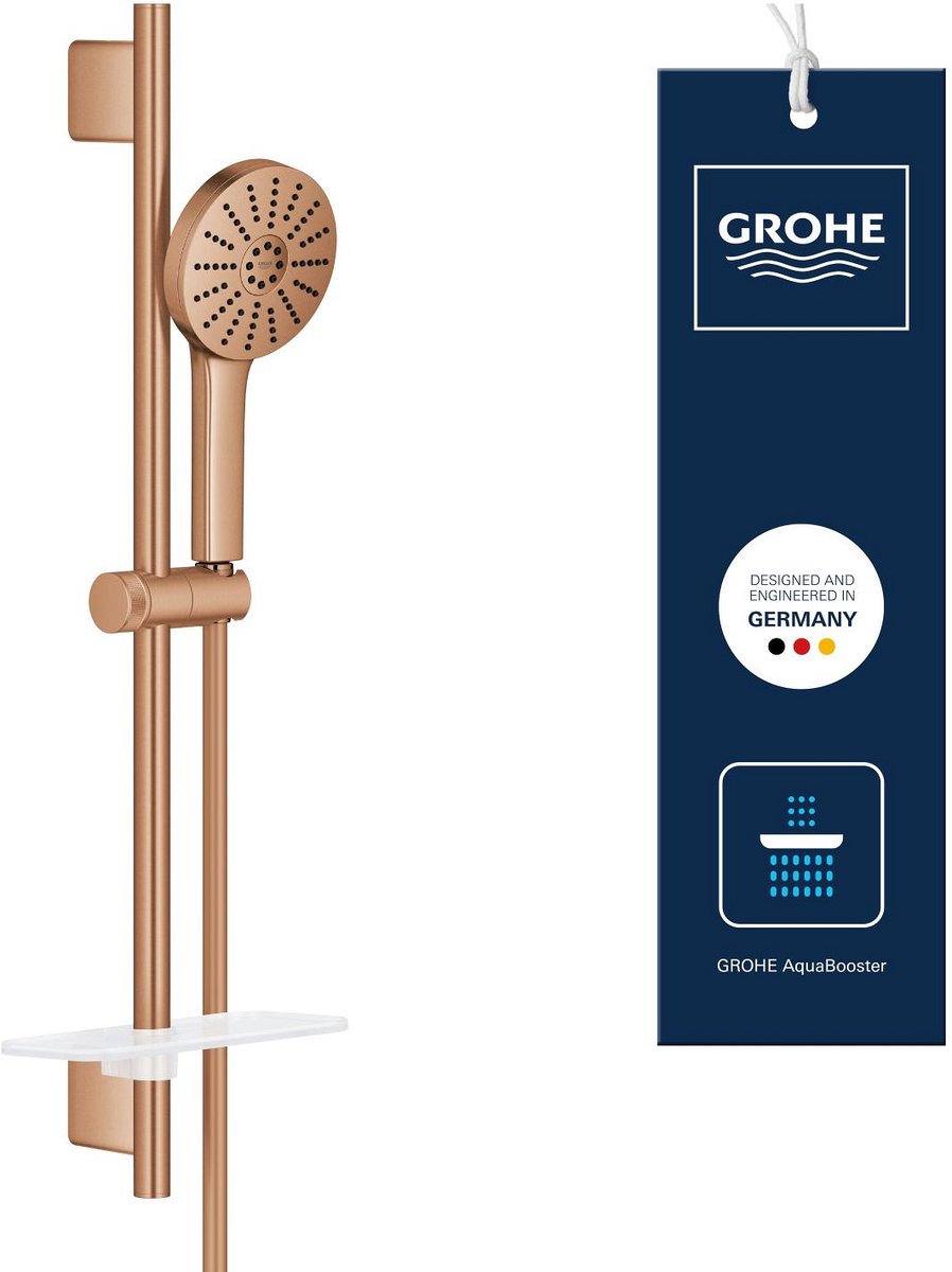 Grohe vitalio joy+ 120 doucheset met douchestang – met douchekop, doucheslang zeepschaal – 3 straalsoorten – aquabooster – waterbesparend (7l min) – geborsteld warm sunset