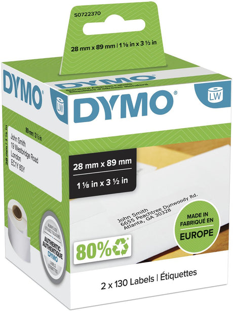 Dymo etiketten labelwriter ft 89 x 28 mm, wit (2x 130 stuks)