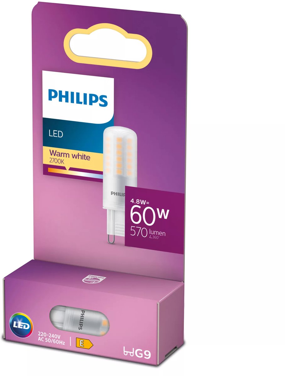 Philips led capsule transparant - 60 w - g9 - warmwit licht