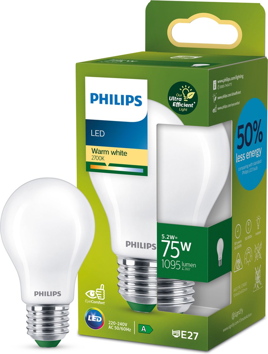 Philips led philips ultra efficient led lamp mat - 75 w - e27 - warmwit licht