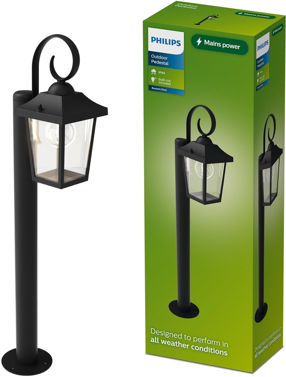 Philips led philips buzzard sokkellamp - buitenverlichting - e27-fitting - weerbestendig: ip44 - zwart - hoogwaardig aluminium en glas - klassiek ontwerp