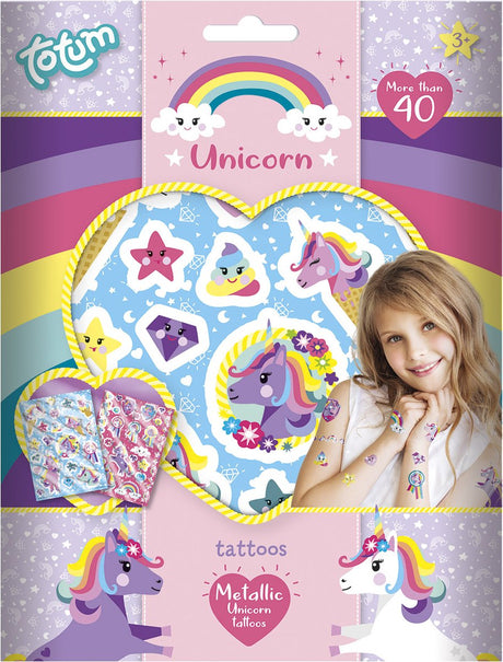 Totum unicorn tattoo 40 stuks kindertattoo metallic - kids make-up verkleed en feest en verkleedaccessoires