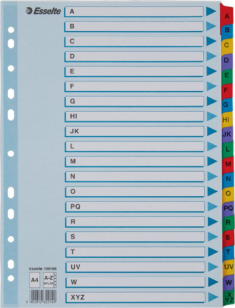 Esselte index a4 - tabs a-z - karton met mylar versterkt - 11-gaats - meerkleurig