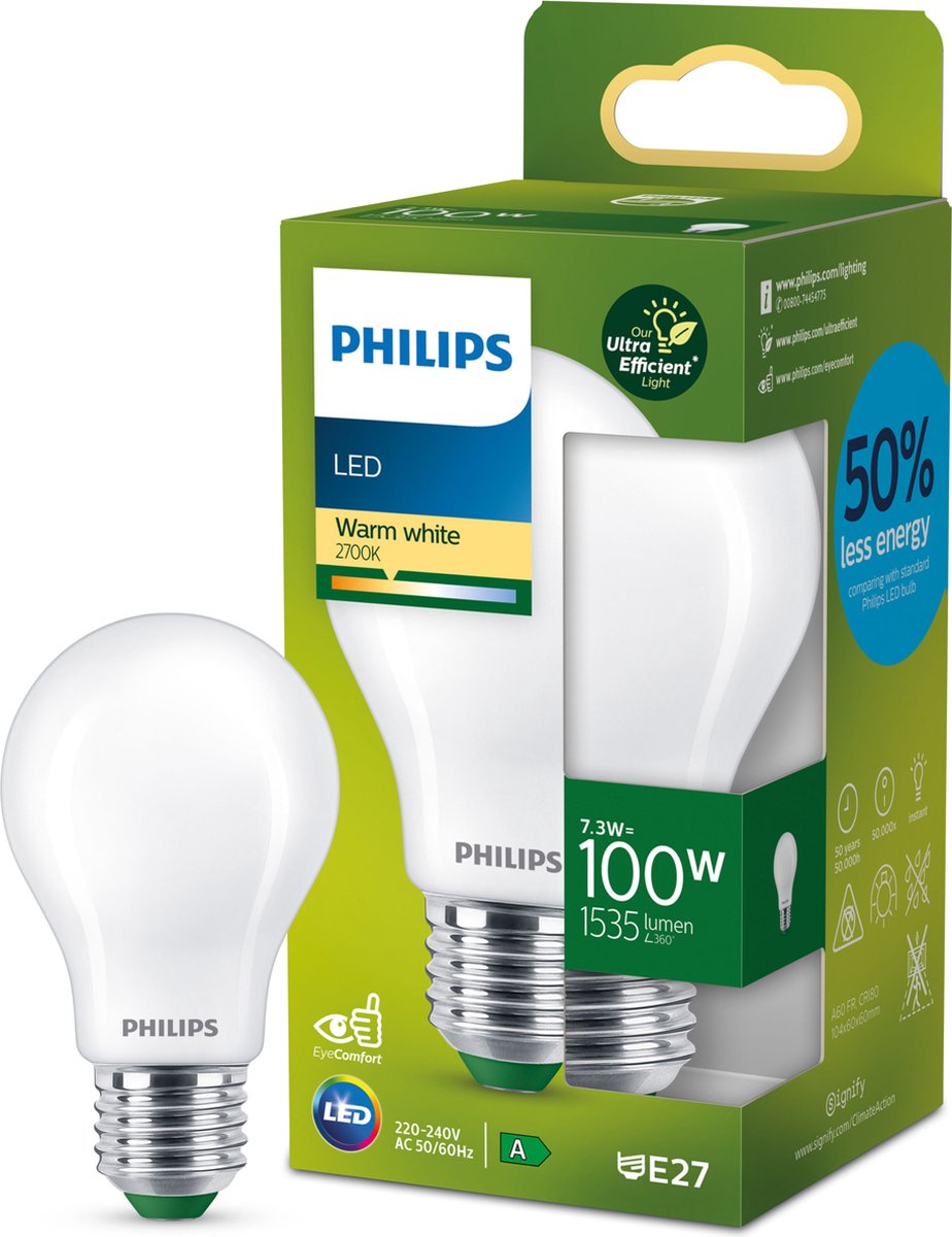 Philips led philips ultra efficient led lamp mat - 100 w - e27 - warmwit licht