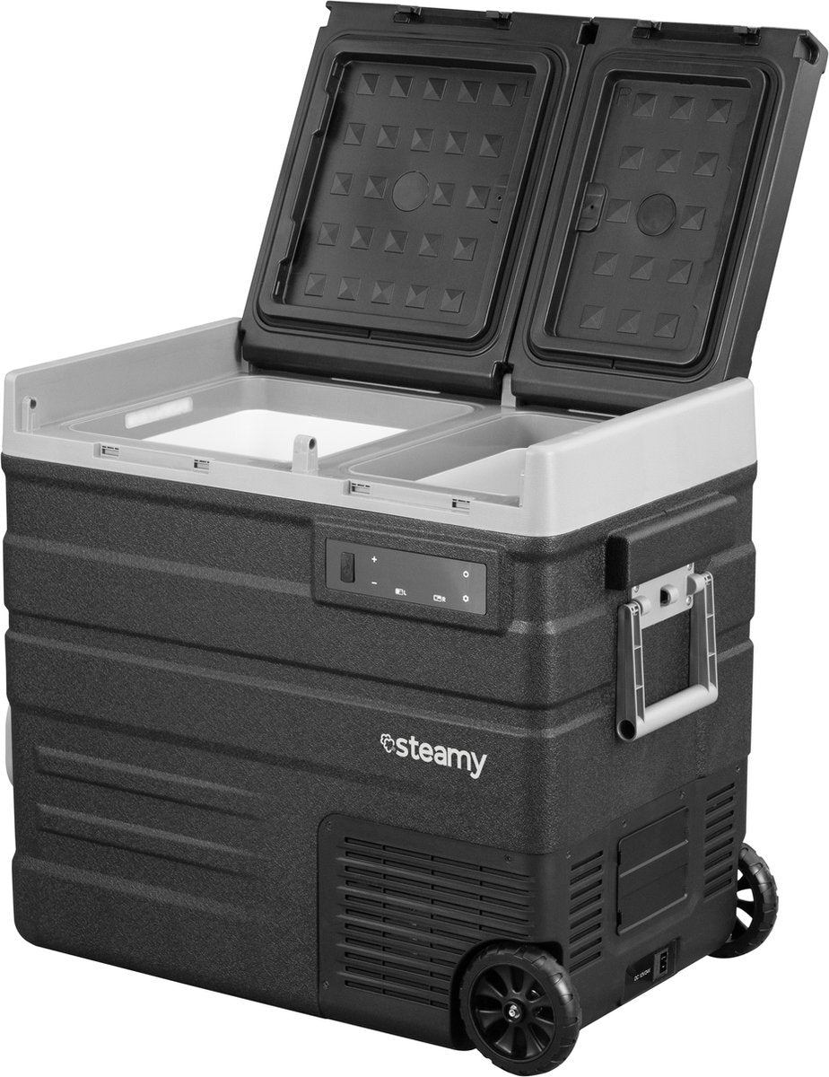 Steamy -e dual zone roller elektrische compressor koelbox op wielen - dual zone - 57 liter - 12v en 230v - voor auto en camping - zwart