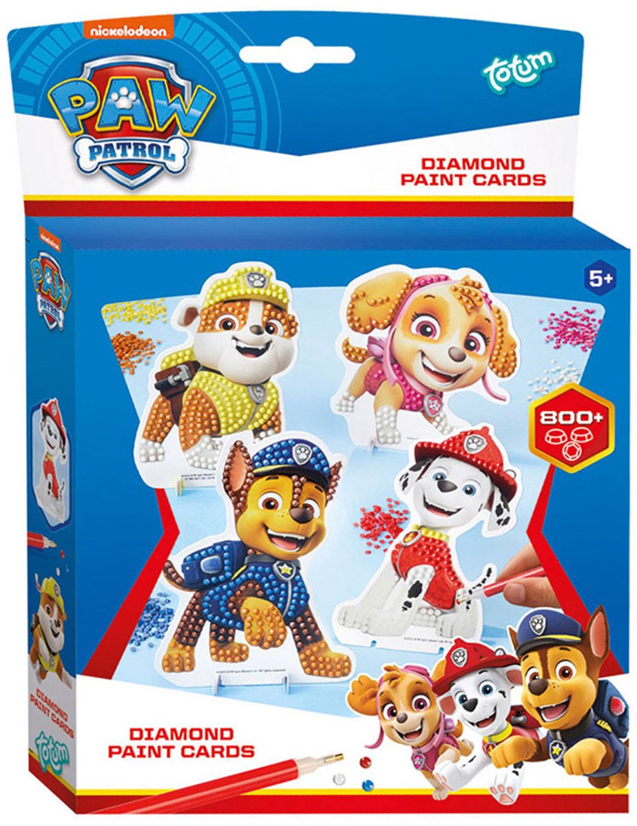 Totum paw patrol speelgoed - kaarten chase en pups versieren met 800+ strass steentjes knutselen - junior diamond painting jongens en meisjes
