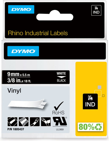 Dymo rhino industriële vinyl labels | 9 mm x 5,5 m | witte afdruk op zwart | zelfklevende labels voor rhino labelmanager labelprinters