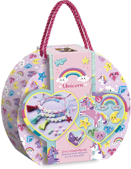 Totum unicorn 2-in-1 knutselkoffer - letterarmbandjes en diamond painting magneten maken - 250-delig - speelgoed kinderen - knutselen - voor meisjes - vanaf 5 jaar