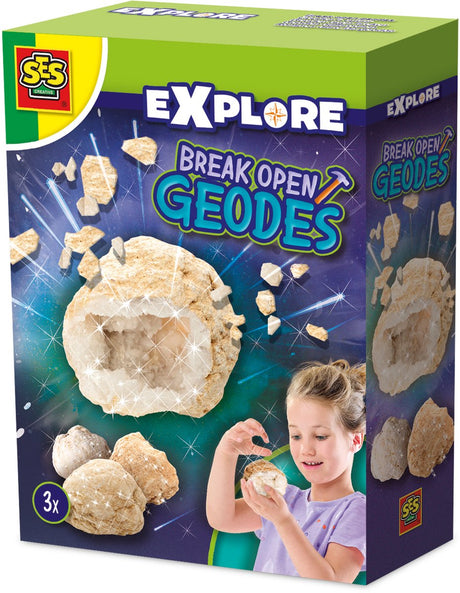Ses creative geodes open breken - 3 echte stenen met zakje - vanaf 8 jaar - schoencadeautjes sinterklaas