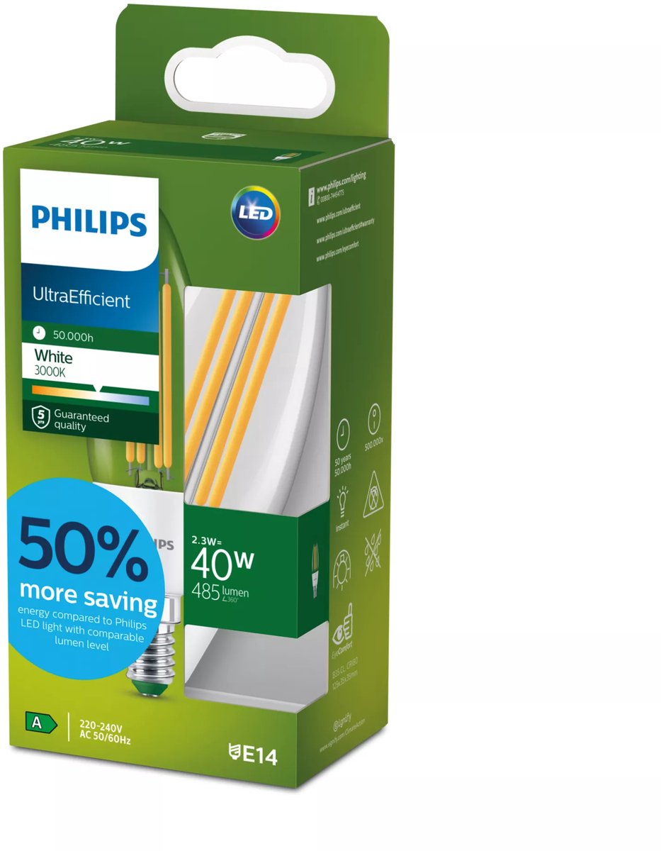Philips led philips ultra efficient led kaarslamp transparant - 40 w - e14 - wit licht
