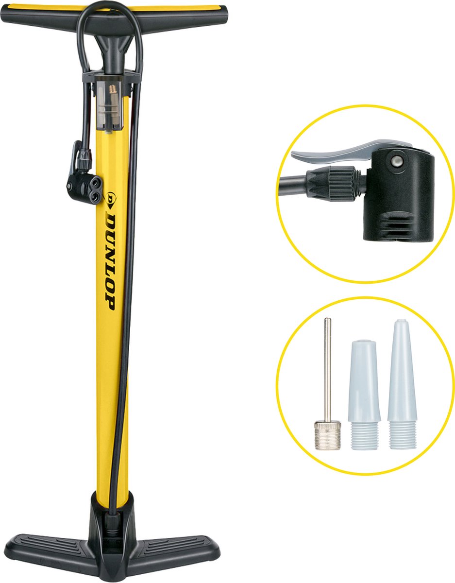 Dunlop fietspomp - fiets pomp voor , schrader en frans ventiel - staande pomp incl. adaptoren voor waterspeelgoed en ballen