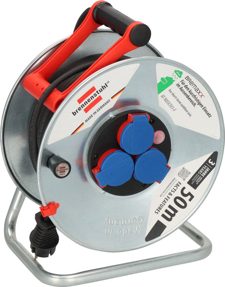 Brennenstuhl garant s ip44 kabelhaspel (50 m kabel zwart, plaatstaal, kortstondig gebruik buitenshuis, made in germany) zilver