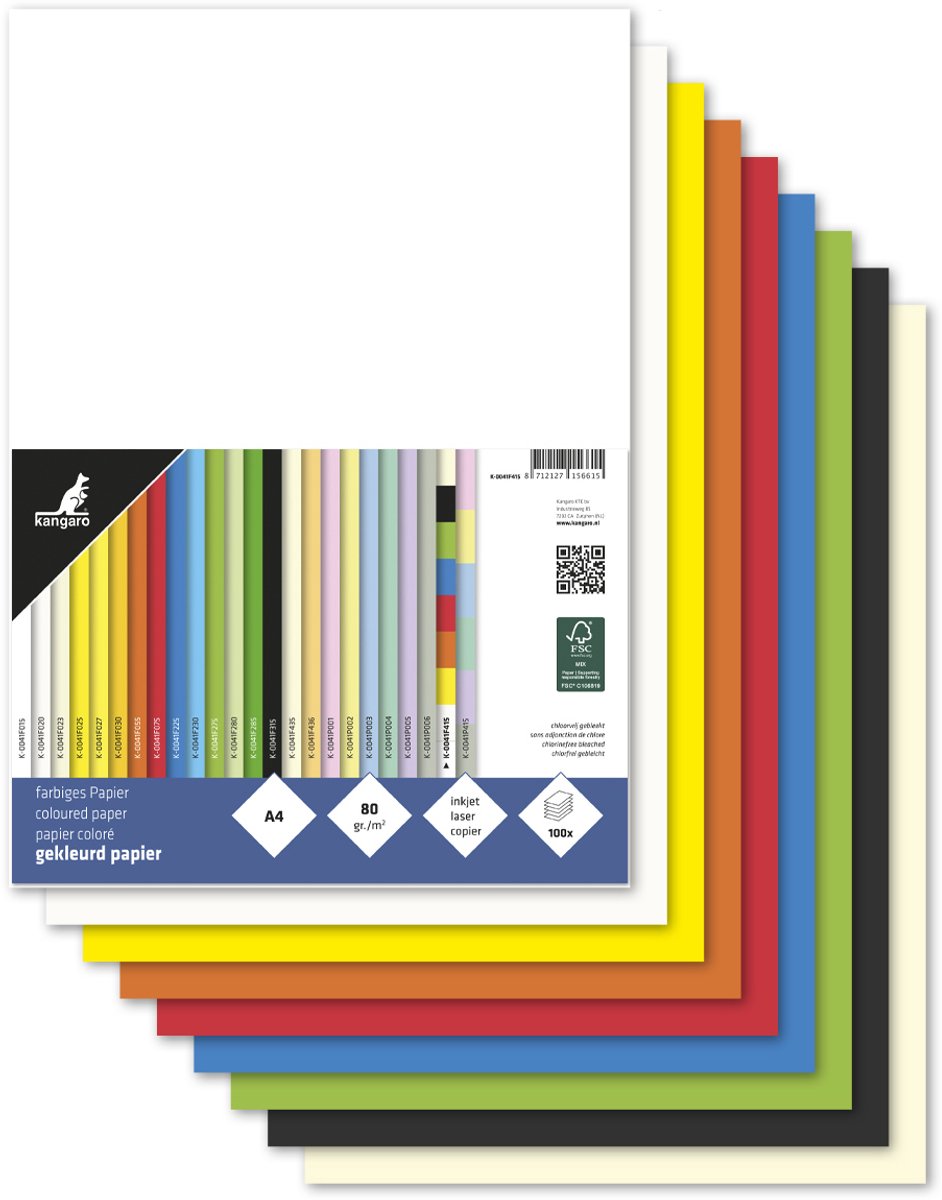 Kangaro papier - formaat a4 - 80 grams - assorti pak 100 vel - k-0041f415
