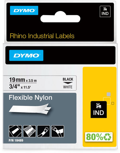 Dymo rhino industriële flexibele nylon labels | 19 mm x 3,5 m | zwarte afdruk op wit | zelfklevende labels voor rhino labelmanager labelprinters