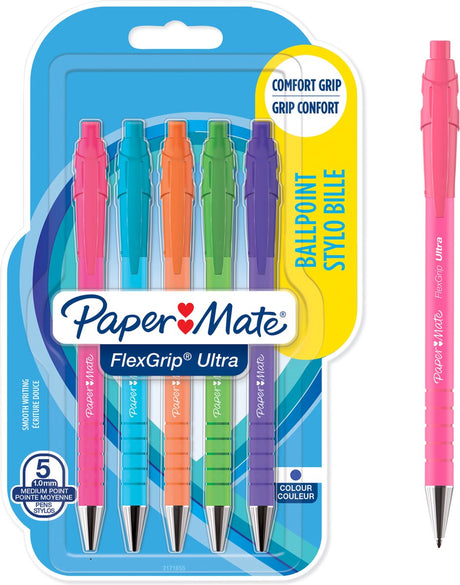 Paper mate flexgrip ultra-balpennen met retrokleuren | medium punt (1,0 mm) | blauwe inkt | 5 stuks