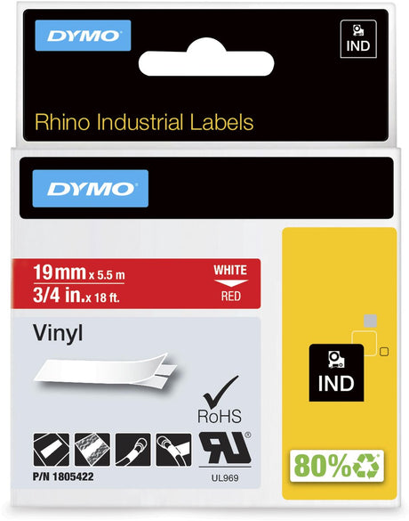 Dymo rhino industriële vinyl labels | 19 mm x 5,5 m | witte afdruk op rood | zelfklevende labels voor rhino labelmanager labelprinters
