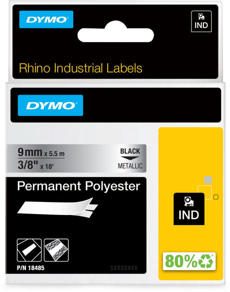 Dymo rhino industriële labels | permanent polyester | 9 mm x 3,5 m | zwarte afdruk op metallic | zelfklevende labels voor rhino labelmanager labelprinters