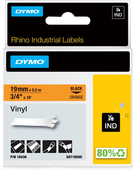 Dymo rhino industriële vinyl labels | 19 mm x 5,5 m | zwarte afdruk op oranje | zelfklevende labels voor rhino labelmanager labelprinters