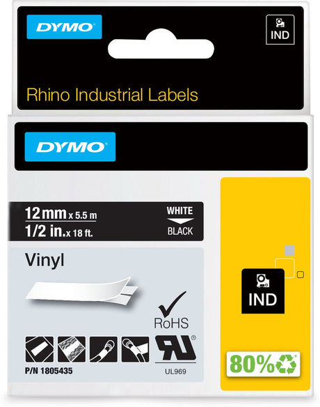 Dymo rhino industriële vinyl labels | 12 mm x 5,5 m | witte afdruk op zwart | zelfklevende labels voor rhino labelmanager labelprinters
