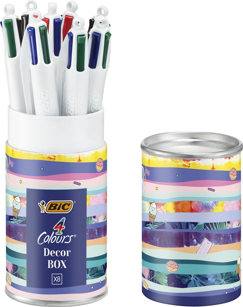 Bic 4 kleuren decors balpen - pen met 4 kleuren - medium punt 1,0 mm - 8 stuks