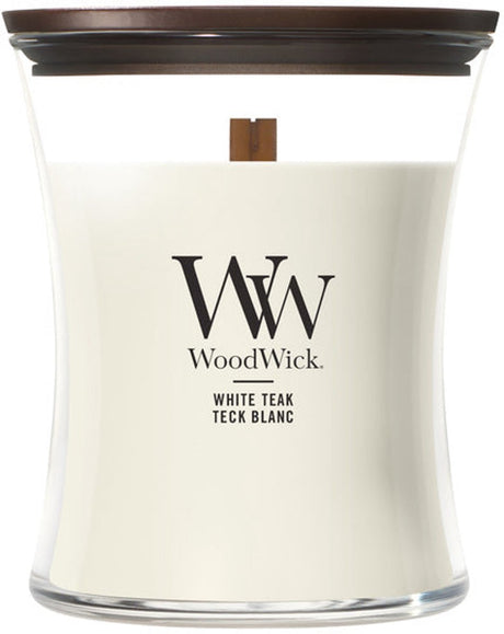 Woodwick hourglass medium geurkaars - white teak - 60 branduren