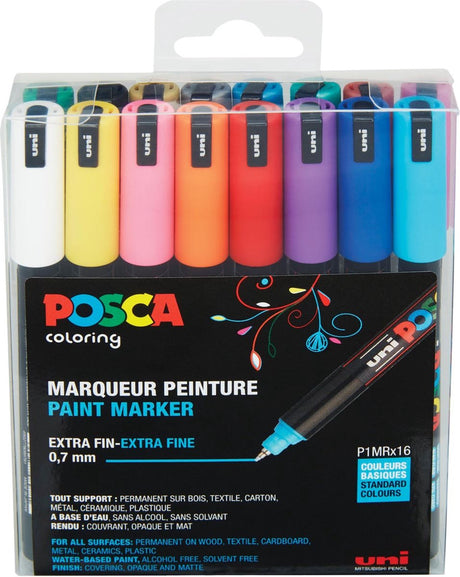 Posca uni-ball paint marker extra fine op waterbasis pc-1mr doos van 16 stuks in geassorteerde kleuren