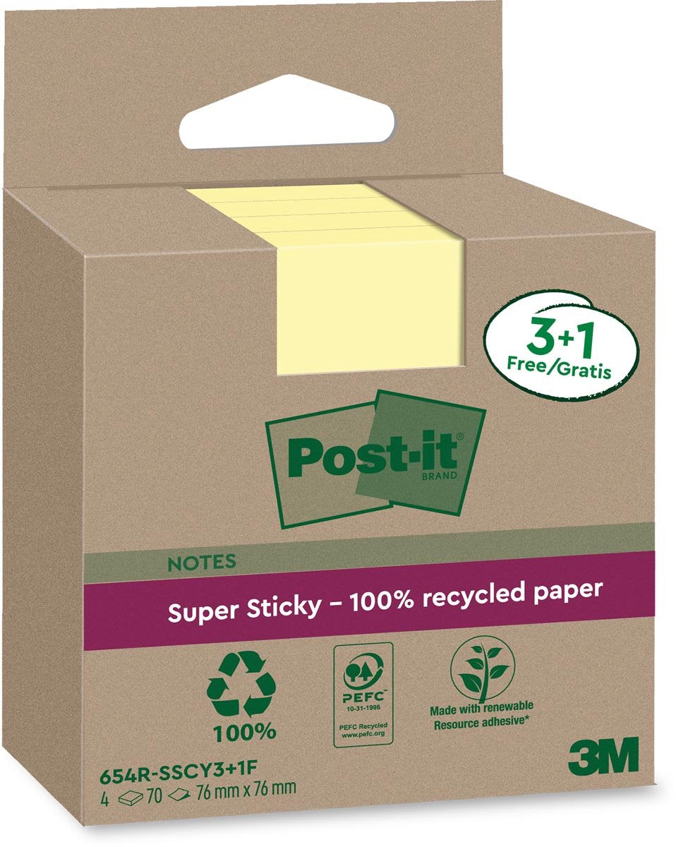 Post-it - super sticky notes recycled | 70 vel | ft 76 x 76 mm | geel | 3 + 1 gratis