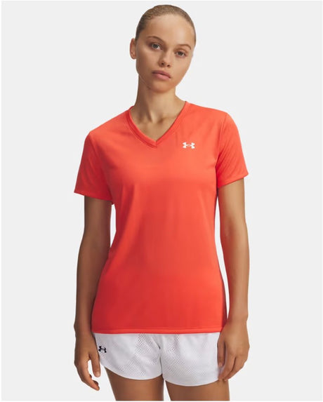 Under armour tech ssv- solid-rood dames sportshirt - venom rood - wit