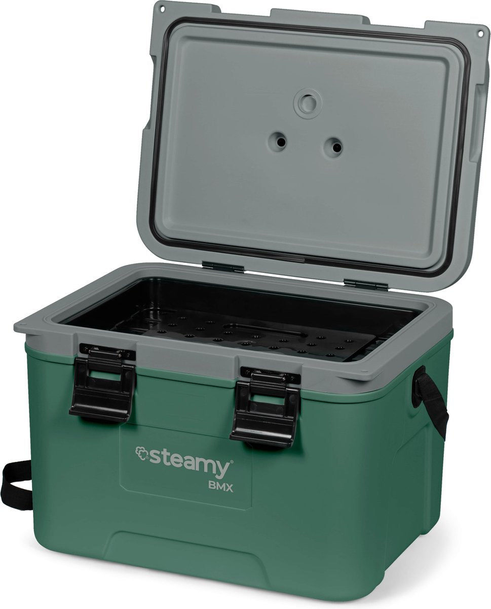 Steamy bmx 21 - middelgrote koelbox speciaal voor de bouw - inclusief verdeelwand en inlegbakje - 21 liter - groen