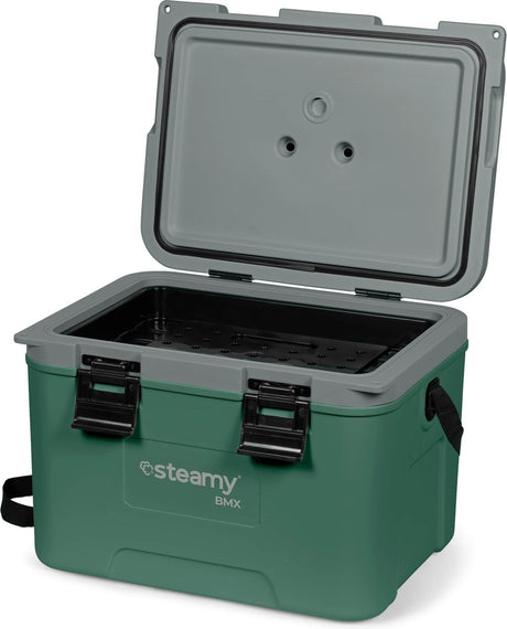 Steamy bmx 21 - middelgrote koelbox speciaal voor de bouw - inclusief verdeelwand en inlegbakje - 21 liter - frigobox - groen