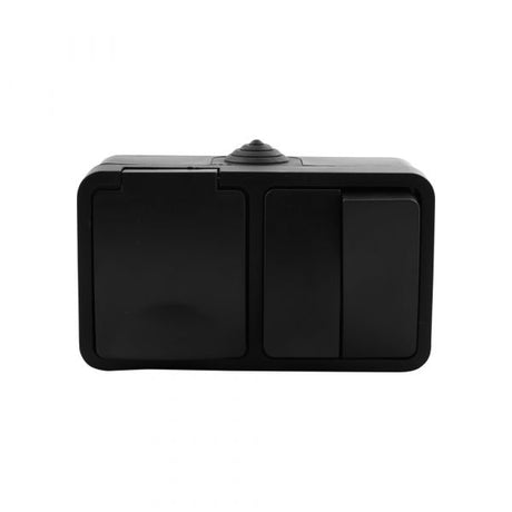 Q-link combinatie wandcontactdoos - opbouw - stopcontact met serieschakelaar - randaarde - spatwaterdicht ip54 - kinderbeveiliging - binnen en buiten - 12 x 8 x 5 cm - zwart