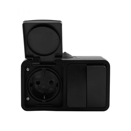 Q-link combinatie wandcontactdoos - opbouw - stopcontact met serieschakelaar - randaarde - spatwaterdicht ip54 - kinderbeveiliging - binnen en buiten - 12 x 8 x 5 cm - zwart