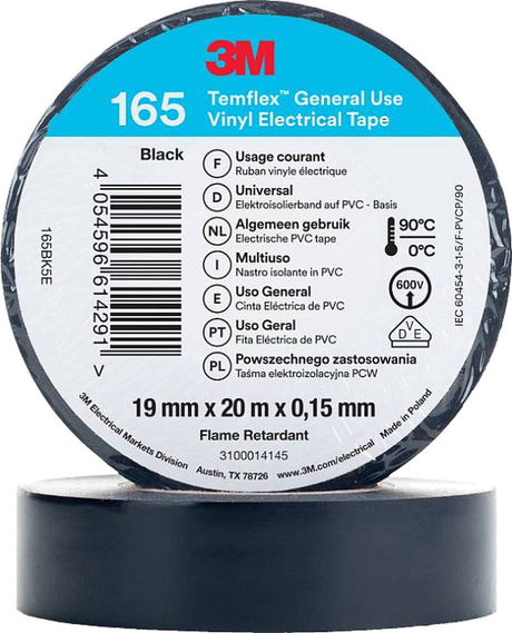 3m temflex™ 165 - vinyltape - zelfklevende tape - zwart - 19mm x 20 meter