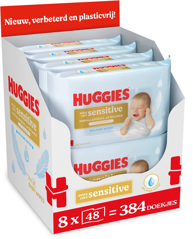 Huggies billendoekjes - extra care sensitive - 8 x 48 stuks - 384 babydoekjes - 100% plastic vrij