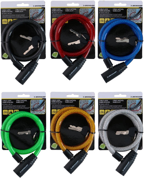 Dunlop kabelslot ø12 mm x 65 cm - fietsslot met plastic ommantel - kabelslot voor fiets en scooter - inclusief 2 sleutels - 1 willekeurige kleur