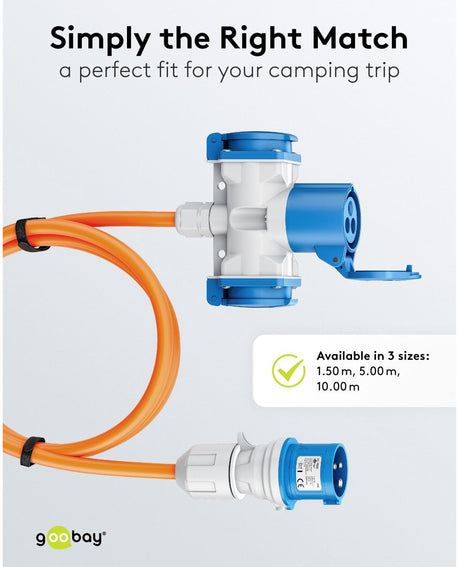 Goobay cee-adapterkabel 5 m, cee-stekker naar 1x cee-contrastekker en 2x geaarde contrastekker, camping, ip44, oranje