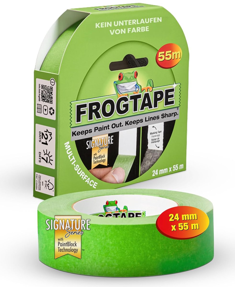 Frogtape multi-surface - fijncrêpe schilderstape afplaktape - 24 mm x 55 m met paintblock technologie voor extra scherpe verfranden - universeel gebruik op diverse ondergronden binnen en buiten - schoon te verwijderen en voor watergedragen verf