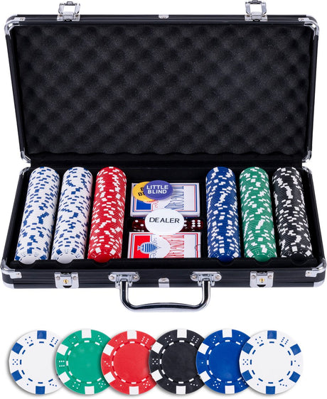 Engelhart pokerset 300 chips (11.5 gram) in zwarte koffer – met 2 sets speelkaarten, 5 dobbelstenen en 3 dealer buttons