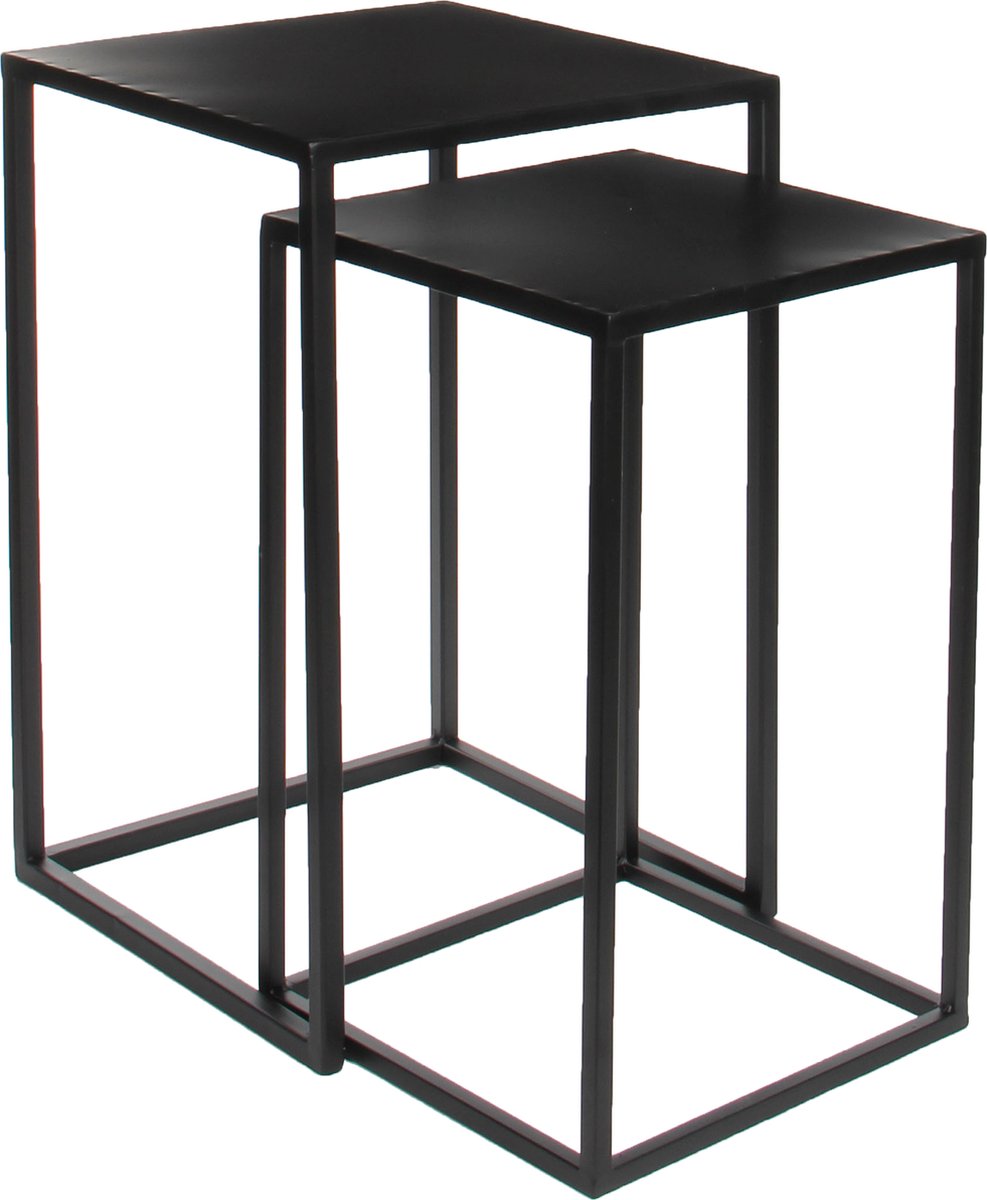 Mica decorations 2x bijzettafels plantenstandaards goa 35 x 35 x 55 cm - zwarte metalen plantenhouder plantentafel - woonaccessoires