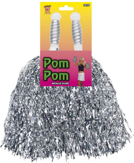 Smiffys cheerballs pompoms - 2x - zilver - met ringgreep - 30 cm - pompons - cheerleader verkleed accessoires