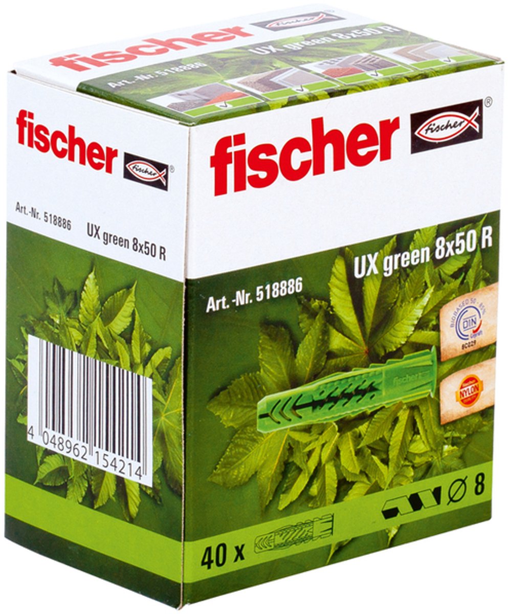 Fischer fis univ plug ux green, kunstst, le 50mm, boorgatdiameter 8mm